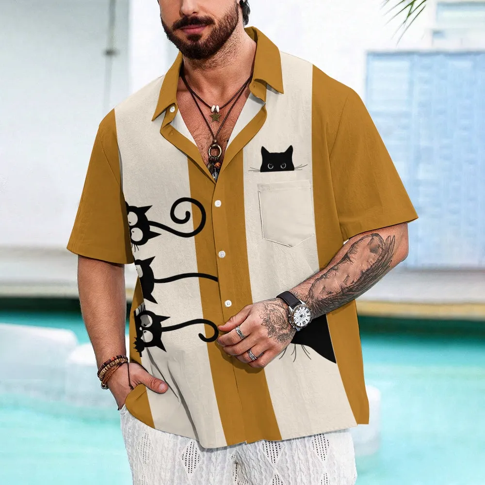 Men's Fashionable Cats Print Chest Pocket Shirt 2406003483