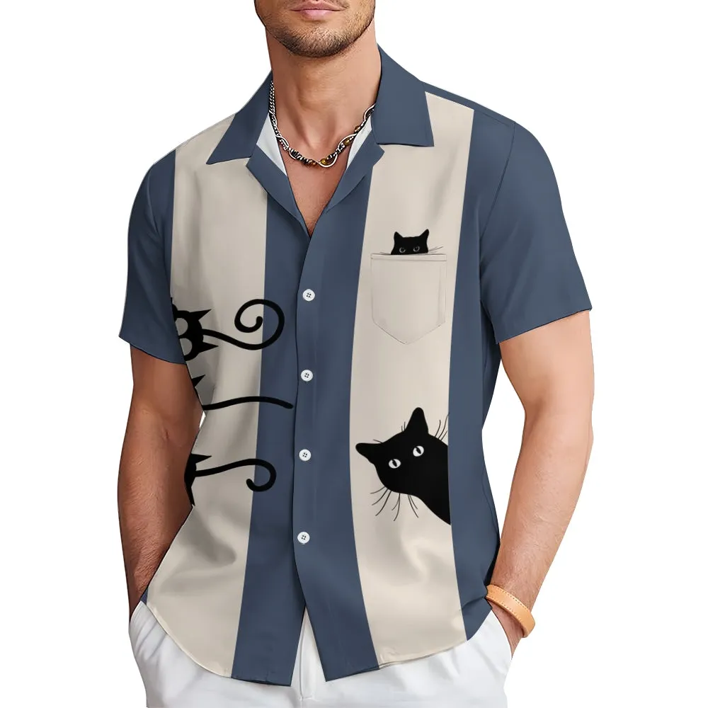 Men's Fashionable Cats Print Chest Pocket Shirt 2406003483