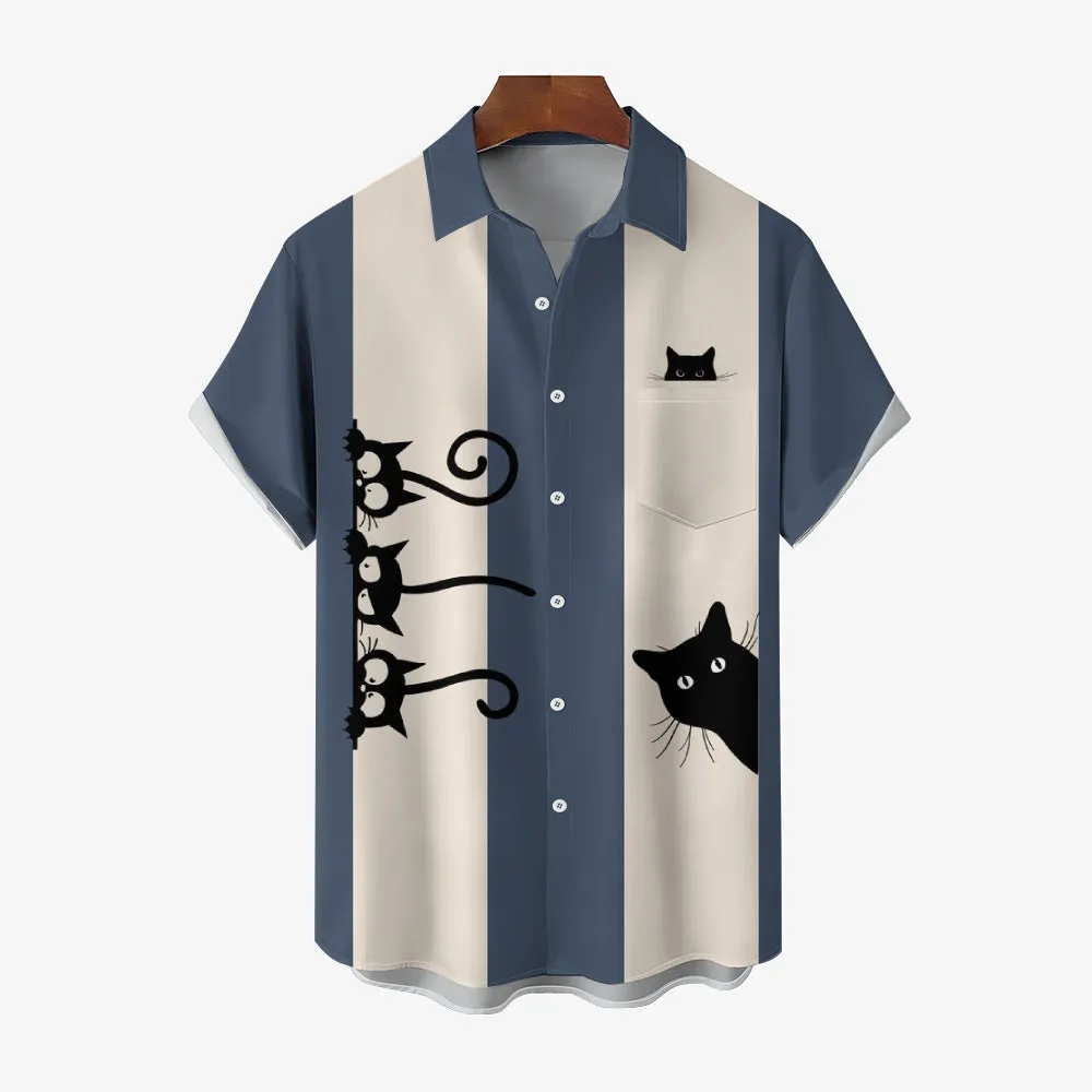Men's Fashionable Cats Print Chest Pocket Shirt 2406003483