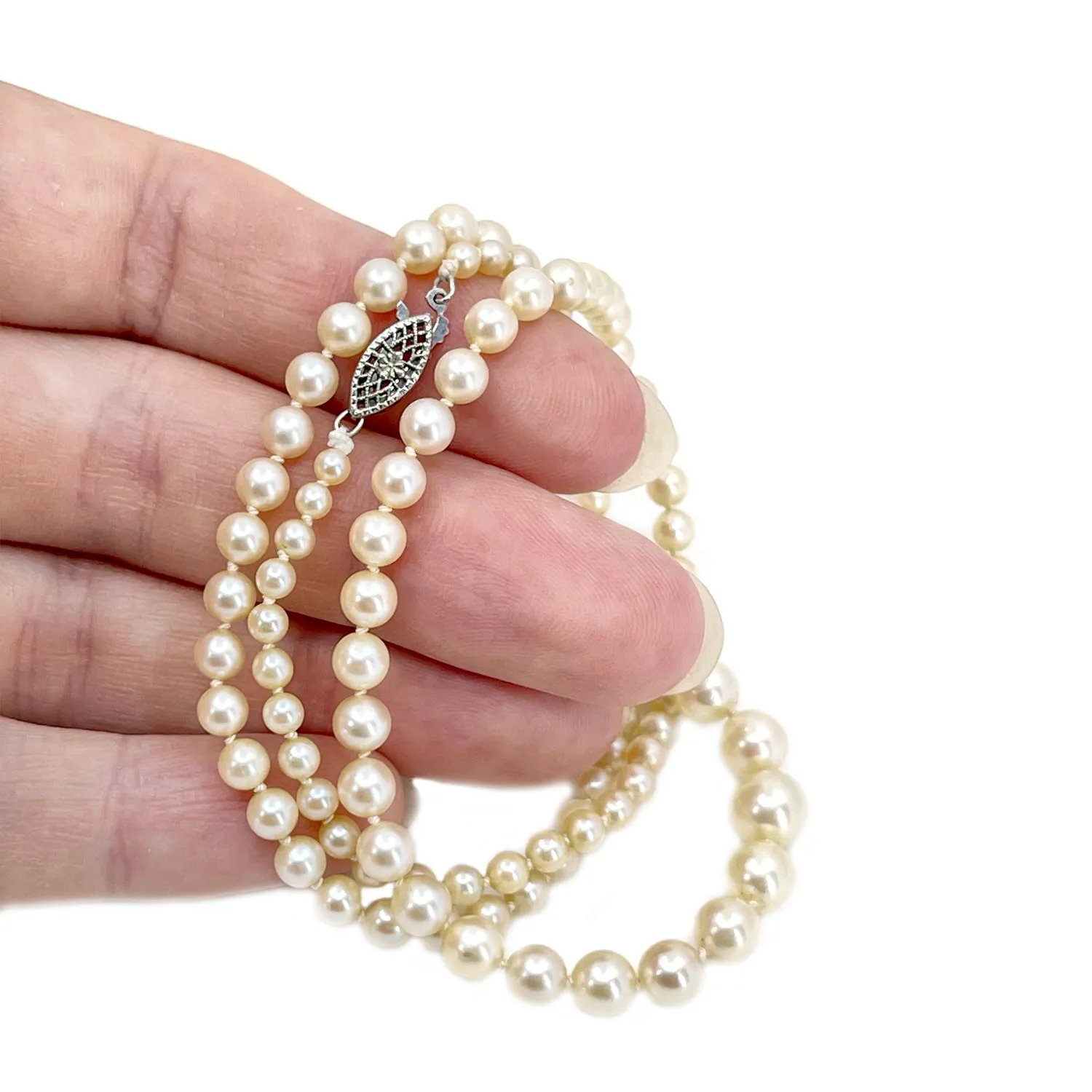 Mid-Century Modern Akoya Japanese Saltwater Cultured Pearl Graduated Necklace - 14K White Gold 19.50 Inch