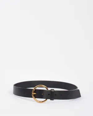 Miu Miu Vintage Black Leather Gold Round Logo Buckle Belt - 90/36