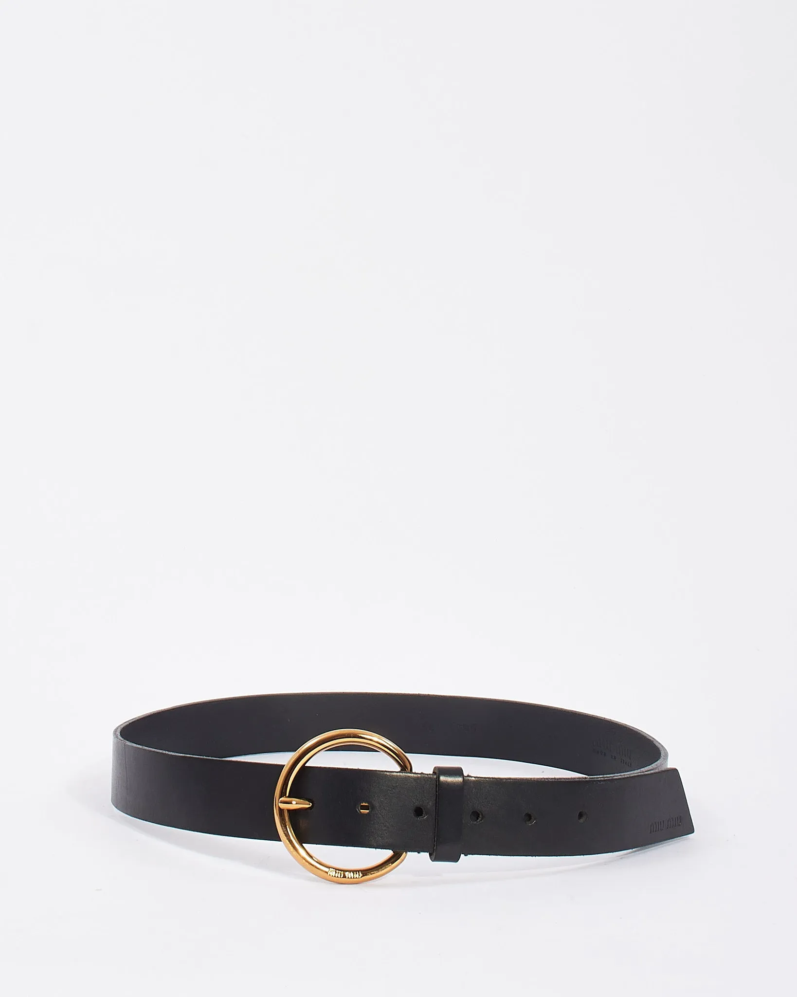 Miu Miu Vintage Black Leather Gold Round Logo Buckle Belt - 90/36