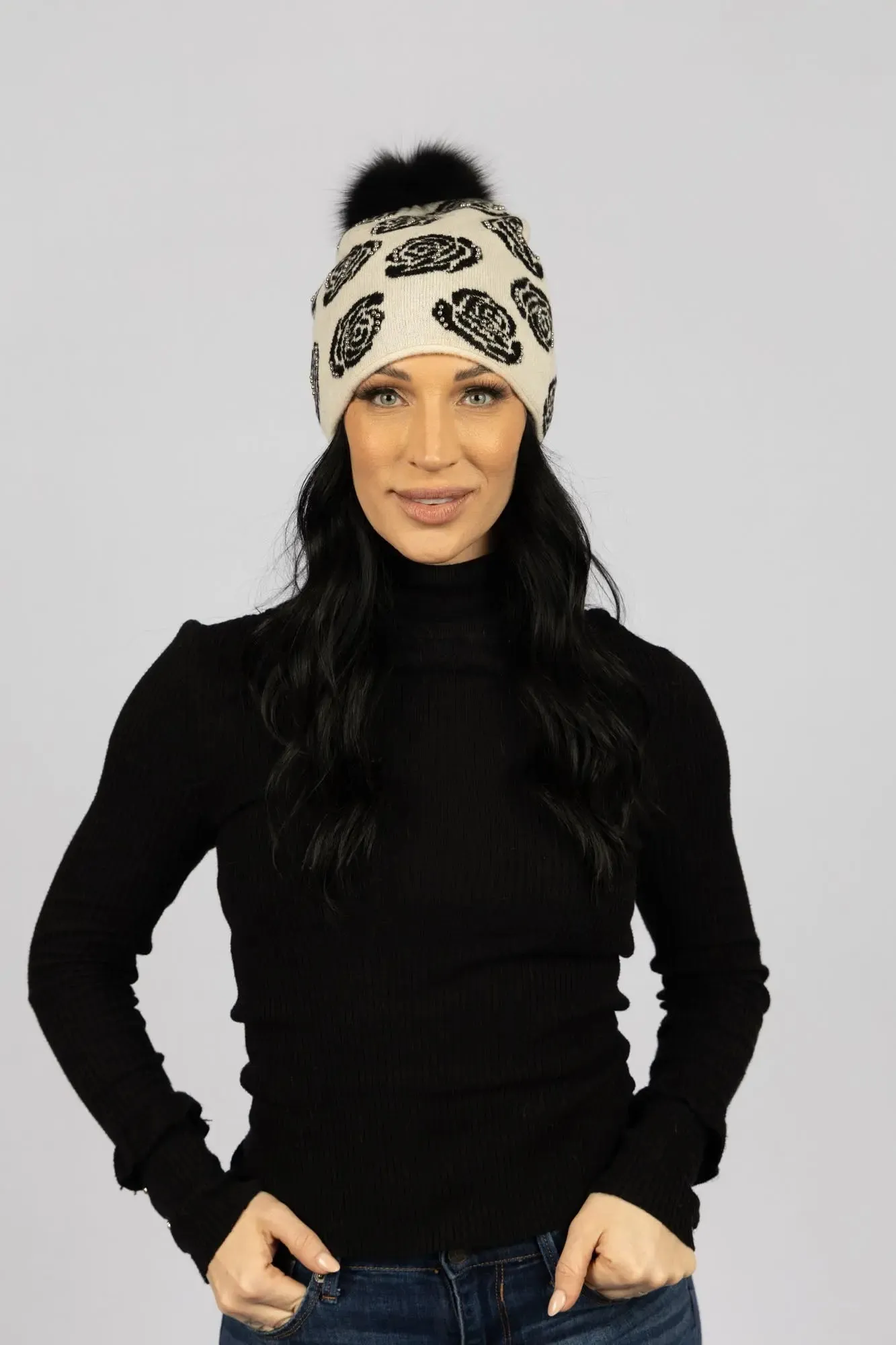 Mix Knit Hat with Rose Pattern and Studs