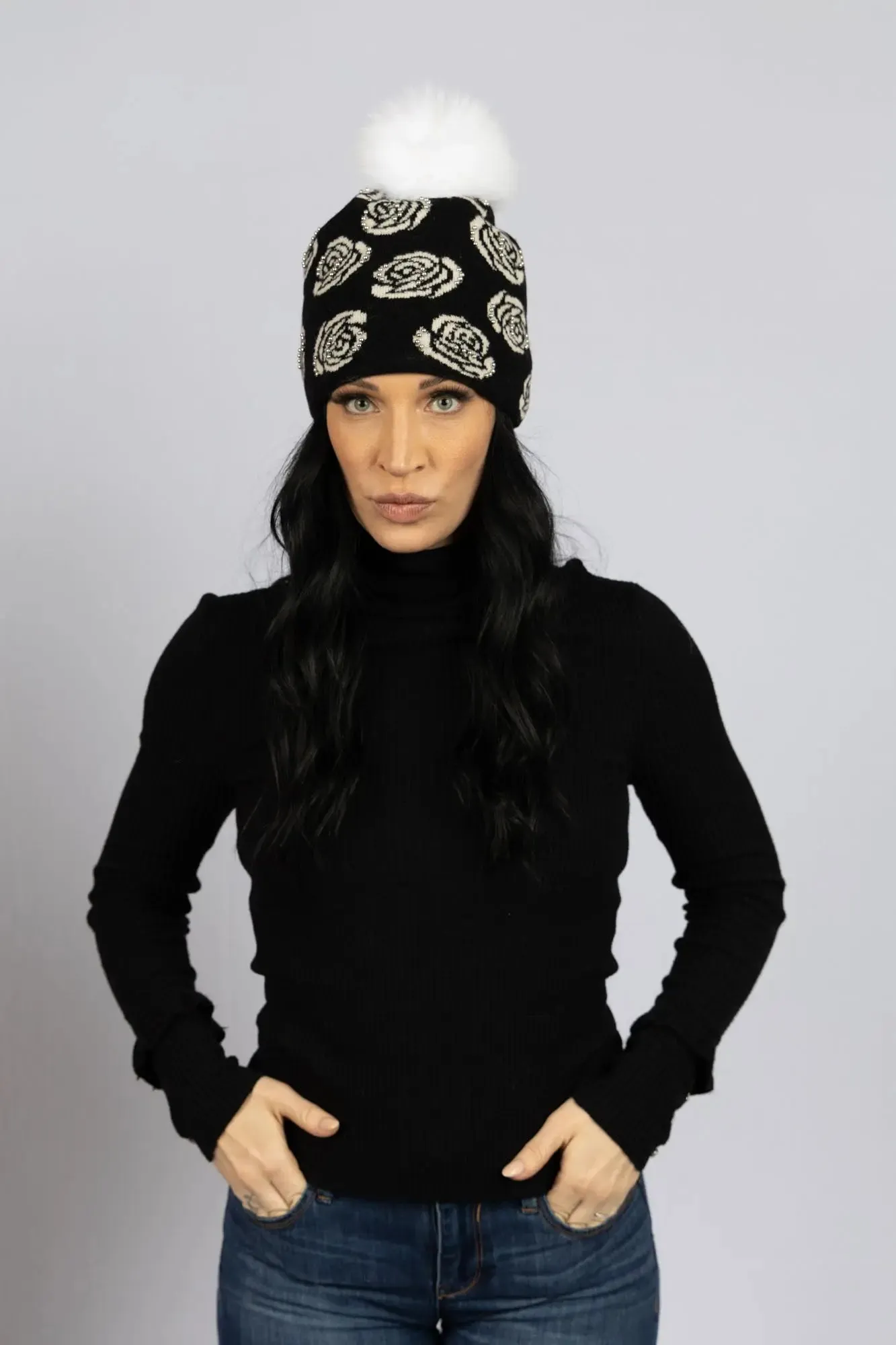Mix Knit Hat with Rose Pattern and Studs
