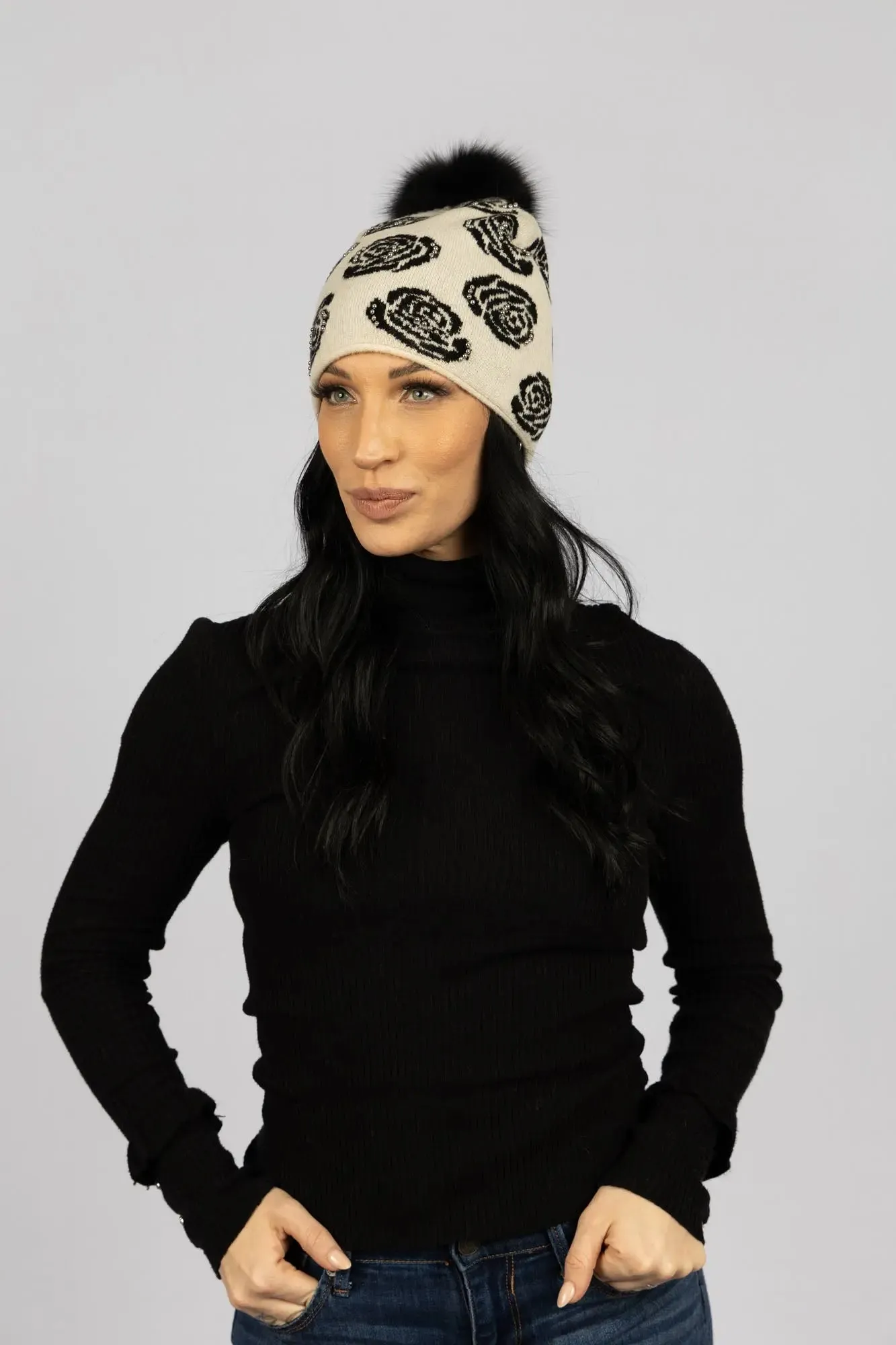 Mix Knit Hat with Rose Pattern and Studs