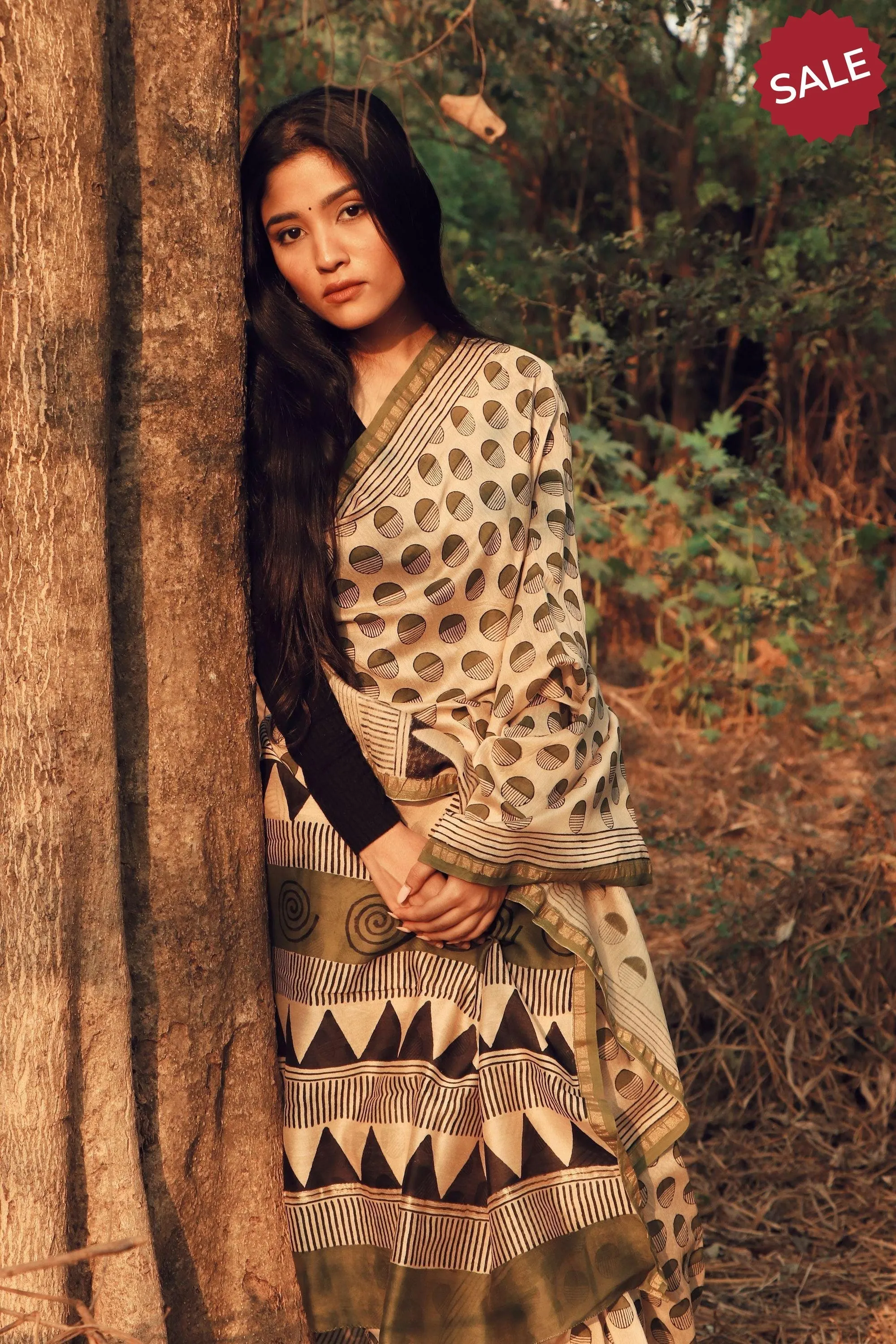Naltural dyed Bagru saree - Roheda- Green Syahi Begar