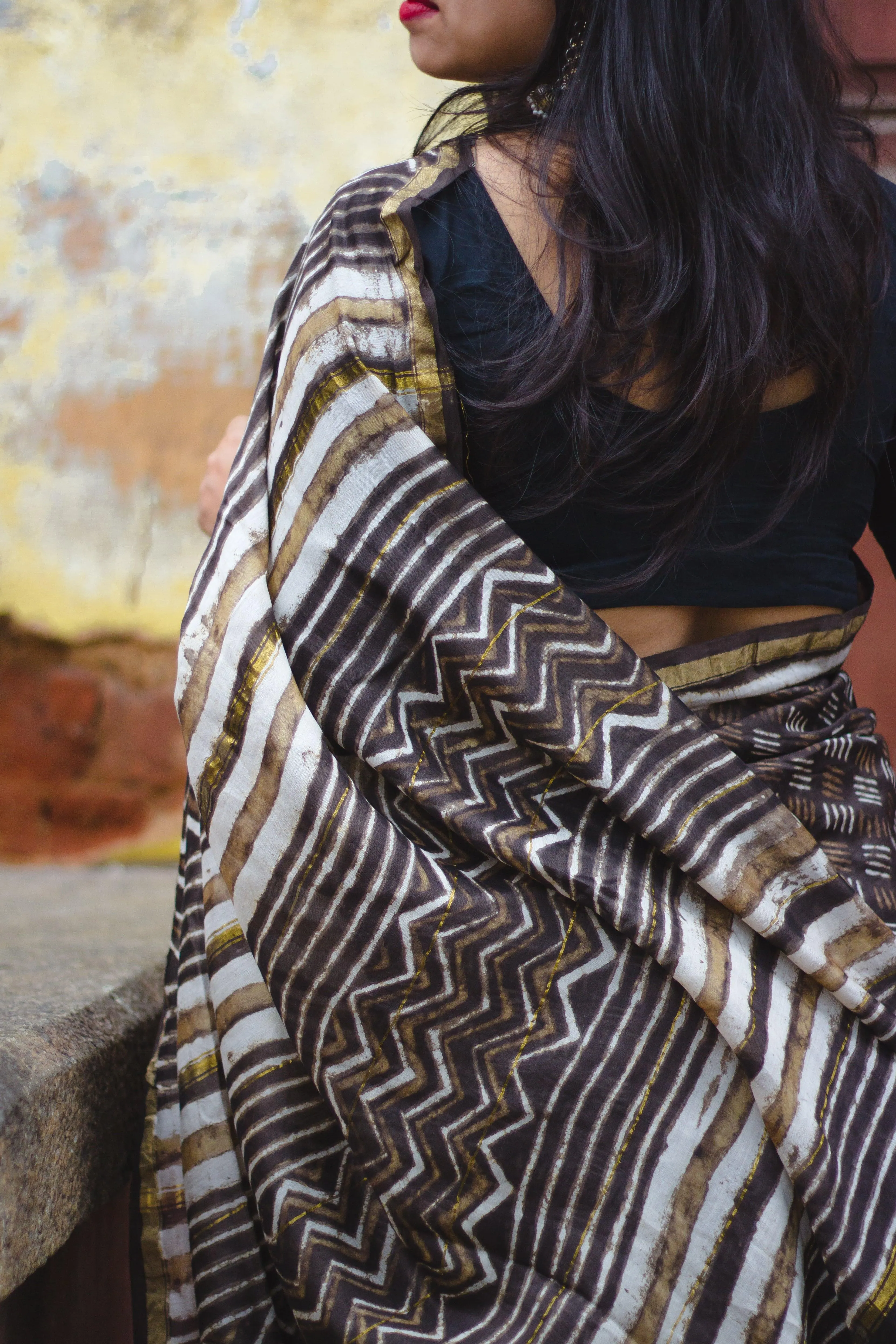 Natural dyed Dabu sarees - Malhar -Kashish mixed stripes