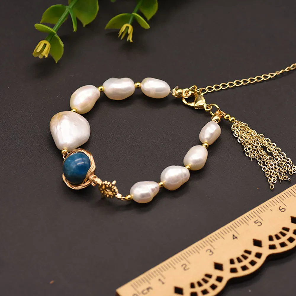 Natural Freshwater Pearl Sapphire Bracelet Bohemian Bangle Women Fashion Jewelry