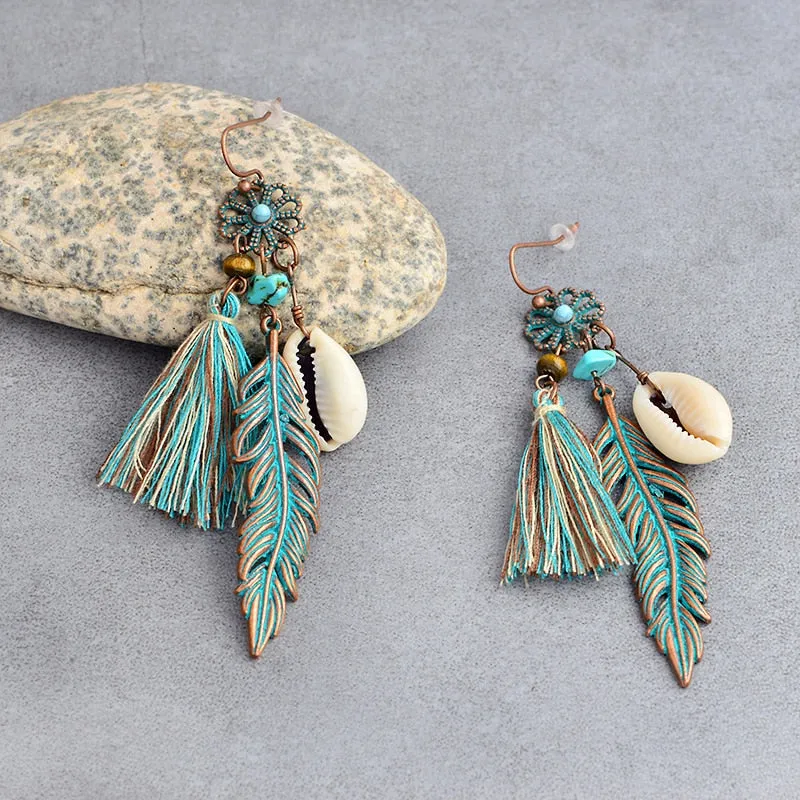 New  Bohemian Blue Tassel Flower Feather Shell Earrings