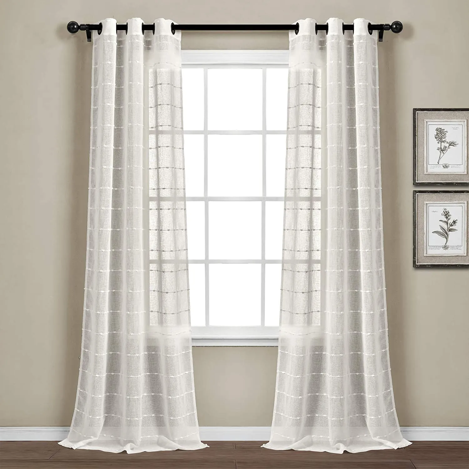 New Gorgeous Lush Decor White Farmhouse Textured Grommet Sheer Window Curtain Set, white Sz 38WX95L each panel! Retails $120 