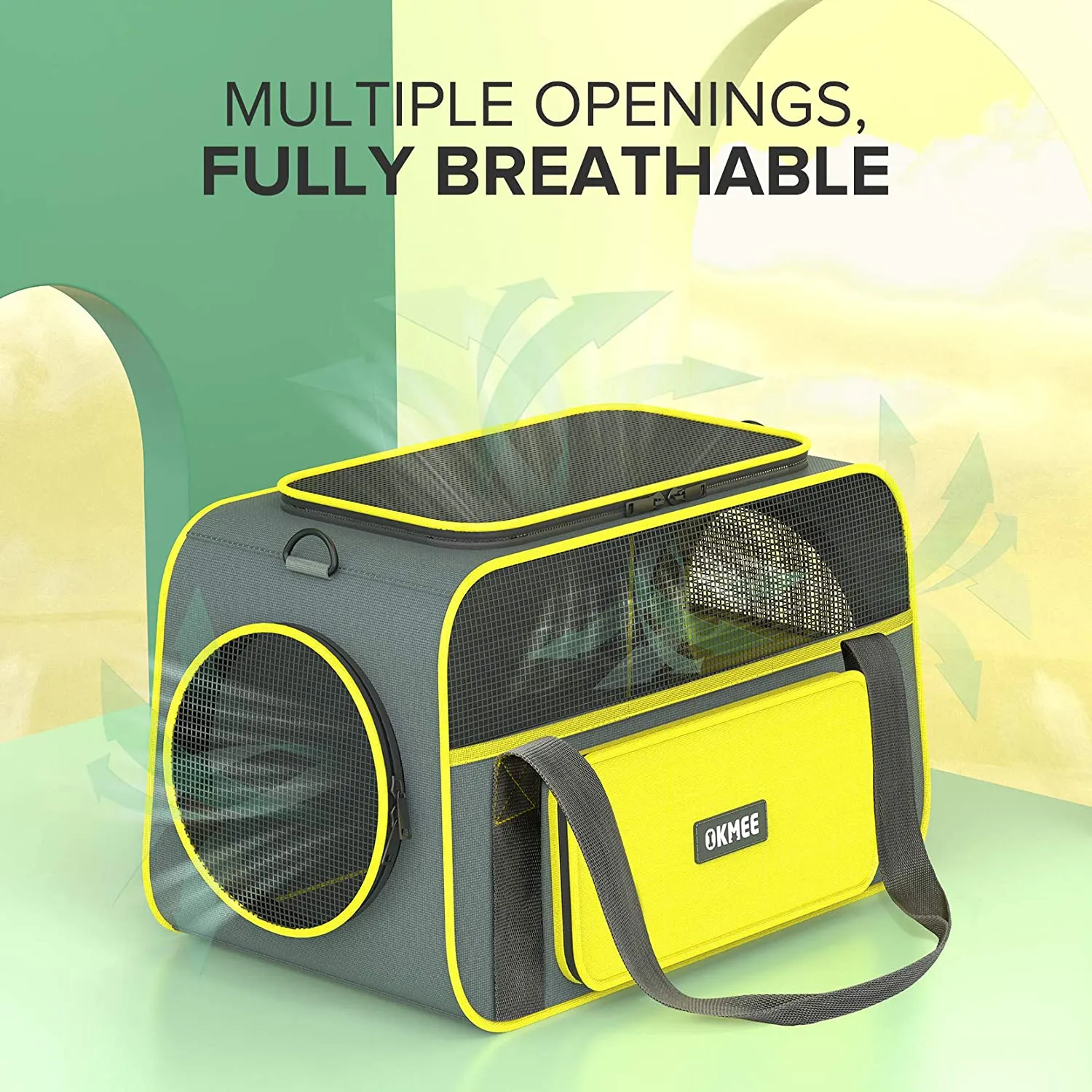 New OKMEE Soft Pet Carrier For Small Medium Cats Dogs Puppies, Cat Carrier With Big Space, 5 Mesh Windows, 3 Doors, Airline Approved, Escape-Proof, Breathable, Leak-Proof, Easy Storage, grey yellow