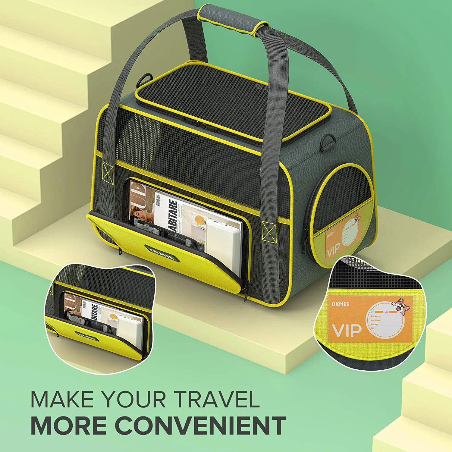 New OKMEE Soft Pet Carrier For Small Medium Cats Dogs Puppies, Cat Carrier With Big Space, 5 Mesh Windows, 3 Doors, Airline Approved, Escape-Proof, Breathable, Leak-Proof, Easy Storage, grey yellow