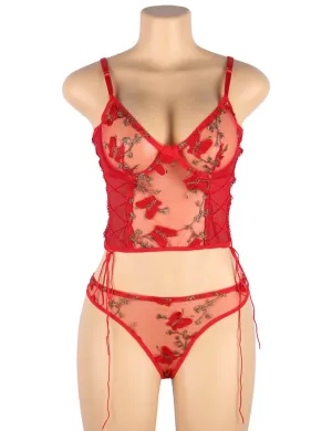 New Pink & Gray & Red Butterfly Pattern Embroidery Mesh Lingerie Set With Underwire
