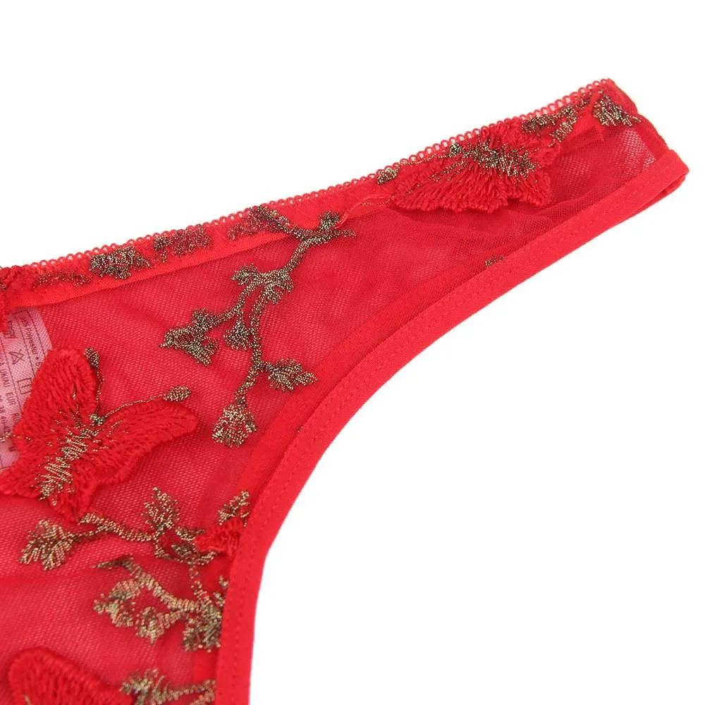New Pink & Gray & Red Butterfly Pattern Embroidery Mesh Lingerie Set With Underwire
