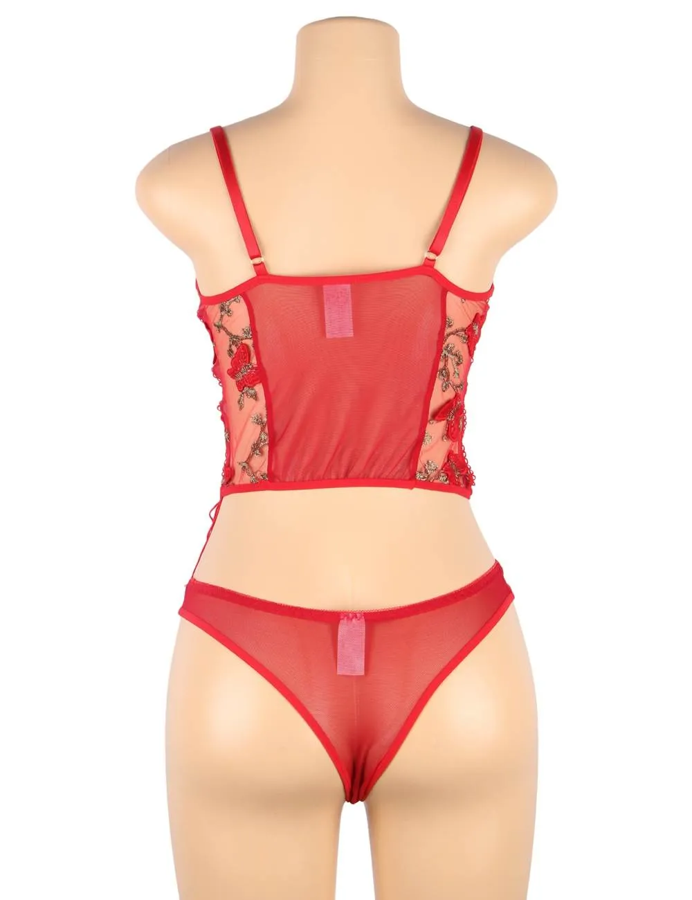 New Pink & Gray & Red Butterfly Pattern Embroidery Mesh Lingerie Set With Underwire