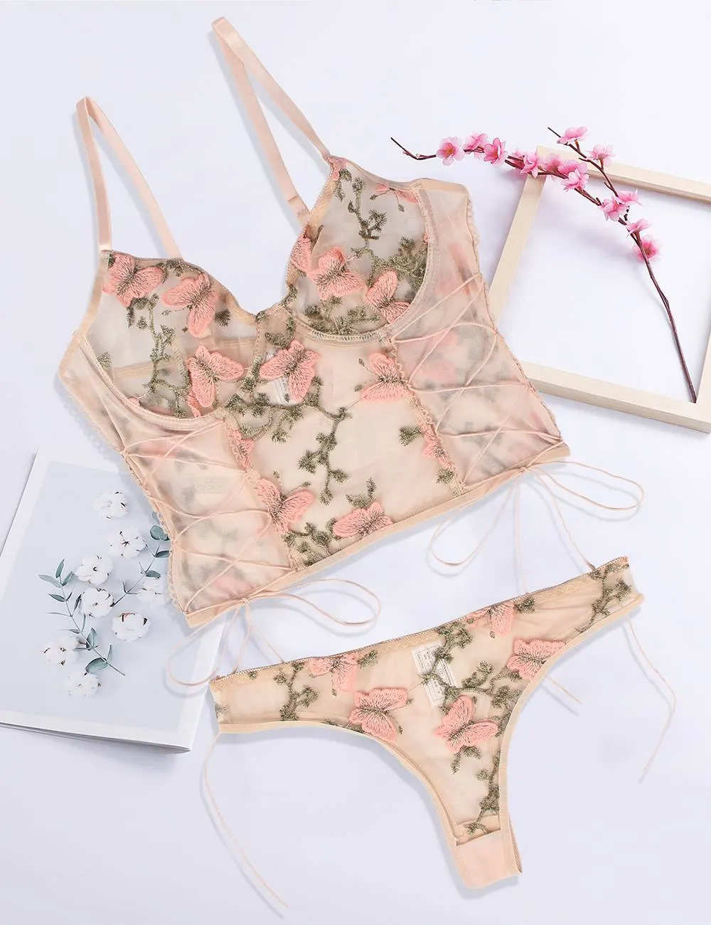 New Pink & Gray & Red Butterfly Pattern Embroidery Mesh Lingerie Set With Underwire