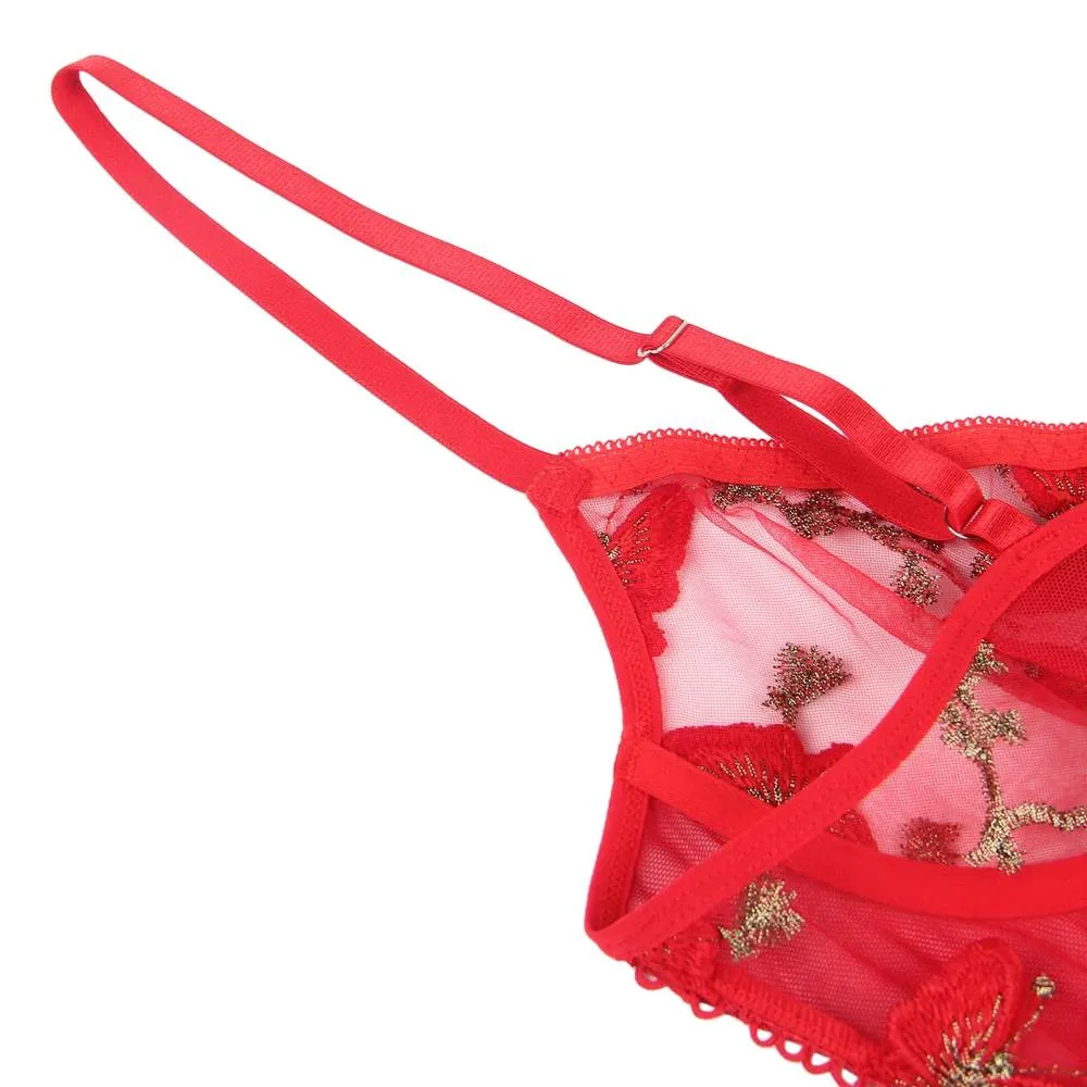 New Pink & Gray & Red Butterfly Pattern Embroidery Mesh Lingerie Set With Underwire