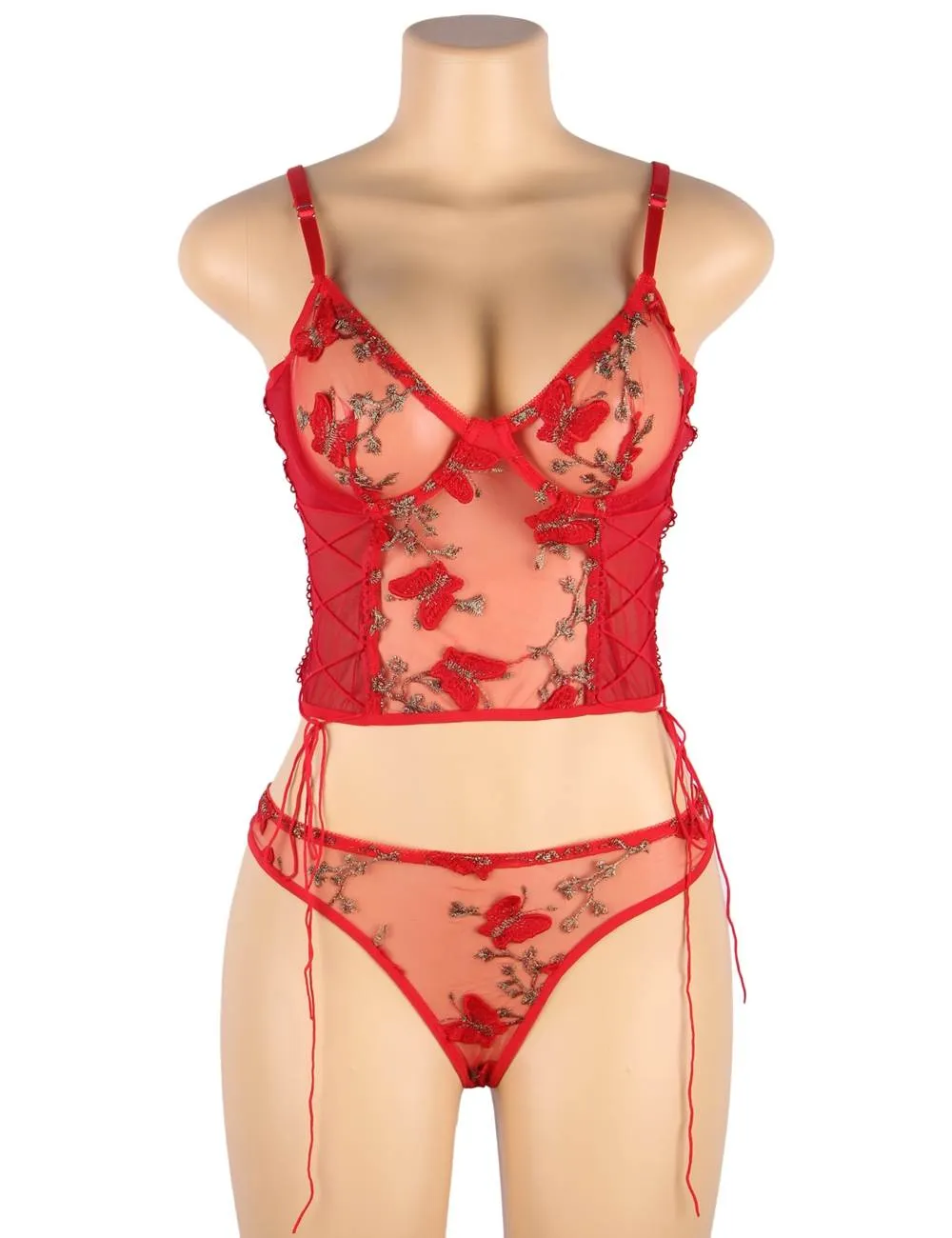New Pink & Gray & Red Butterfly Pattern Embroidery Mesh Lingerie Set With Underwire