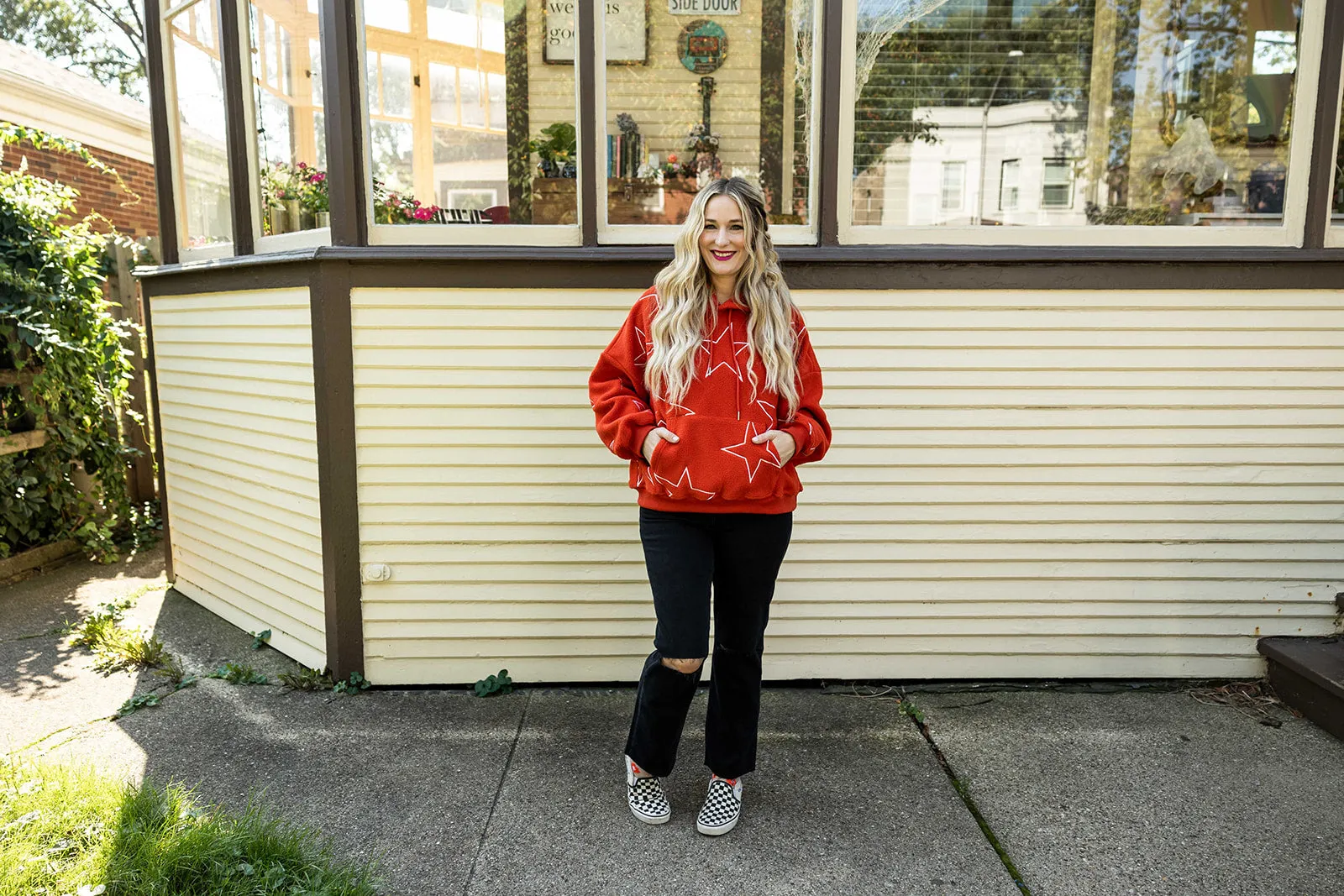 nova teddy pullover hooded sweatshirt in orange