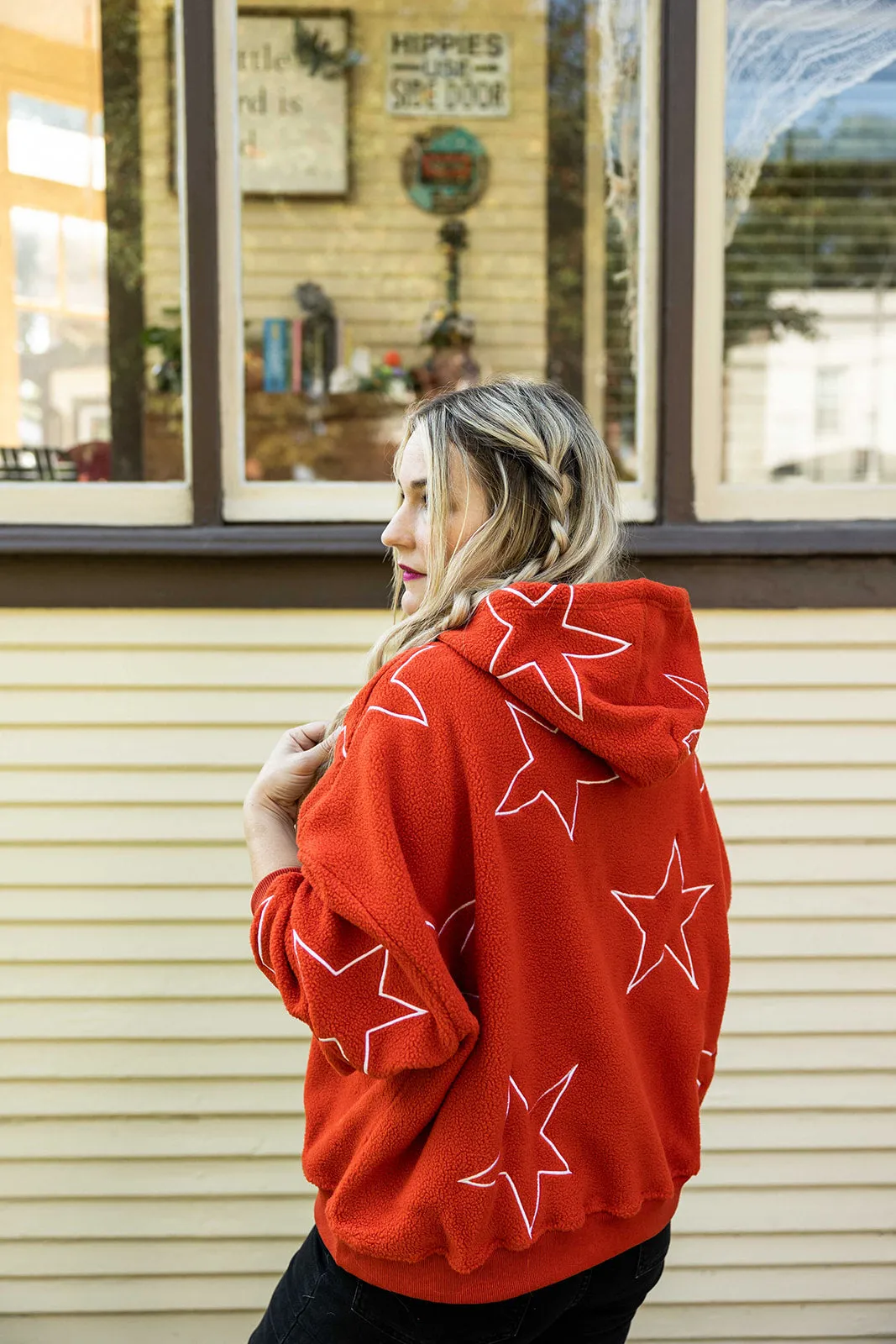 nova teddy pullover hooded sweatshirt in orange