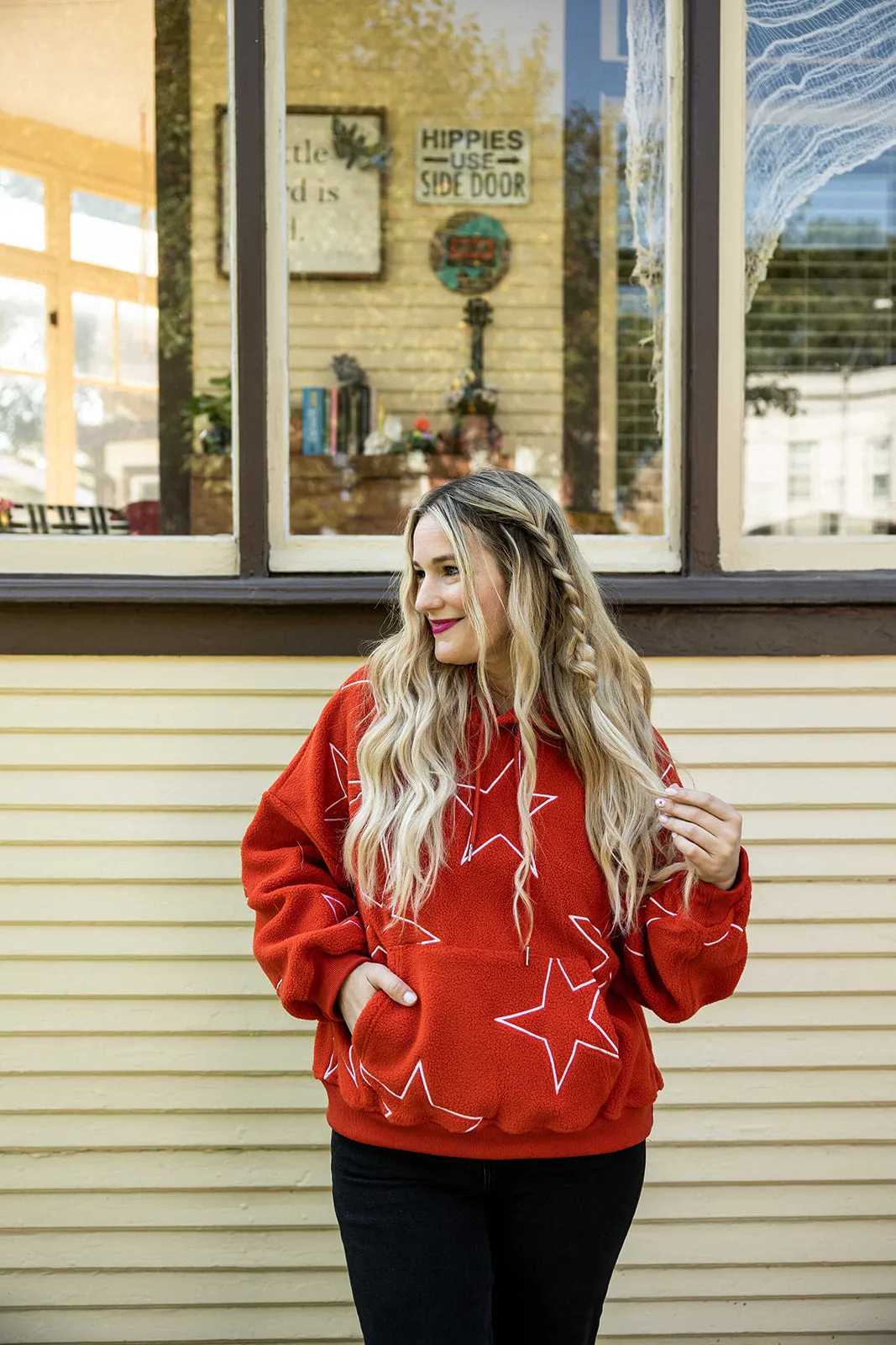 nova teddy pullover hooded sweatshirt in orange