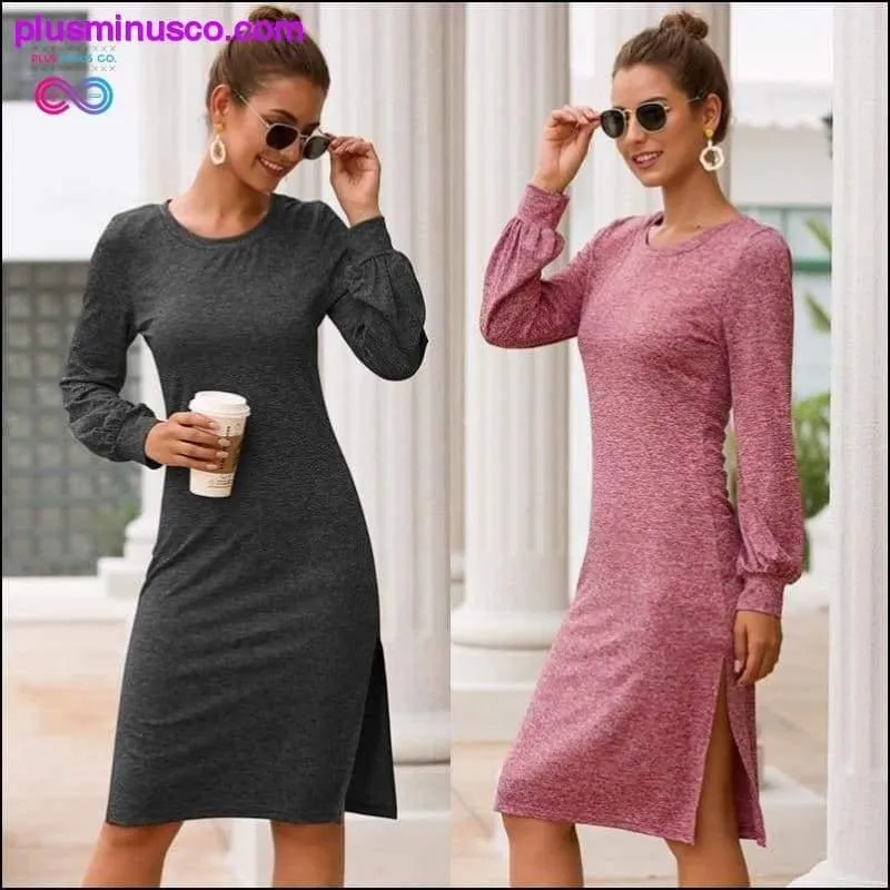 O-Neck Long Puffed Sleeves Splice Dress at PlusMinusCo.com