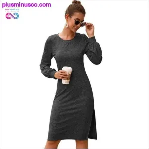 O-Neck Long Puffed Sleeves Splice Dress at PlusMinusCo.com