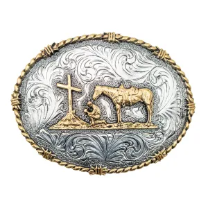 Oval Praying Cowboy with Barbed Wire and Rope Edge Buckle