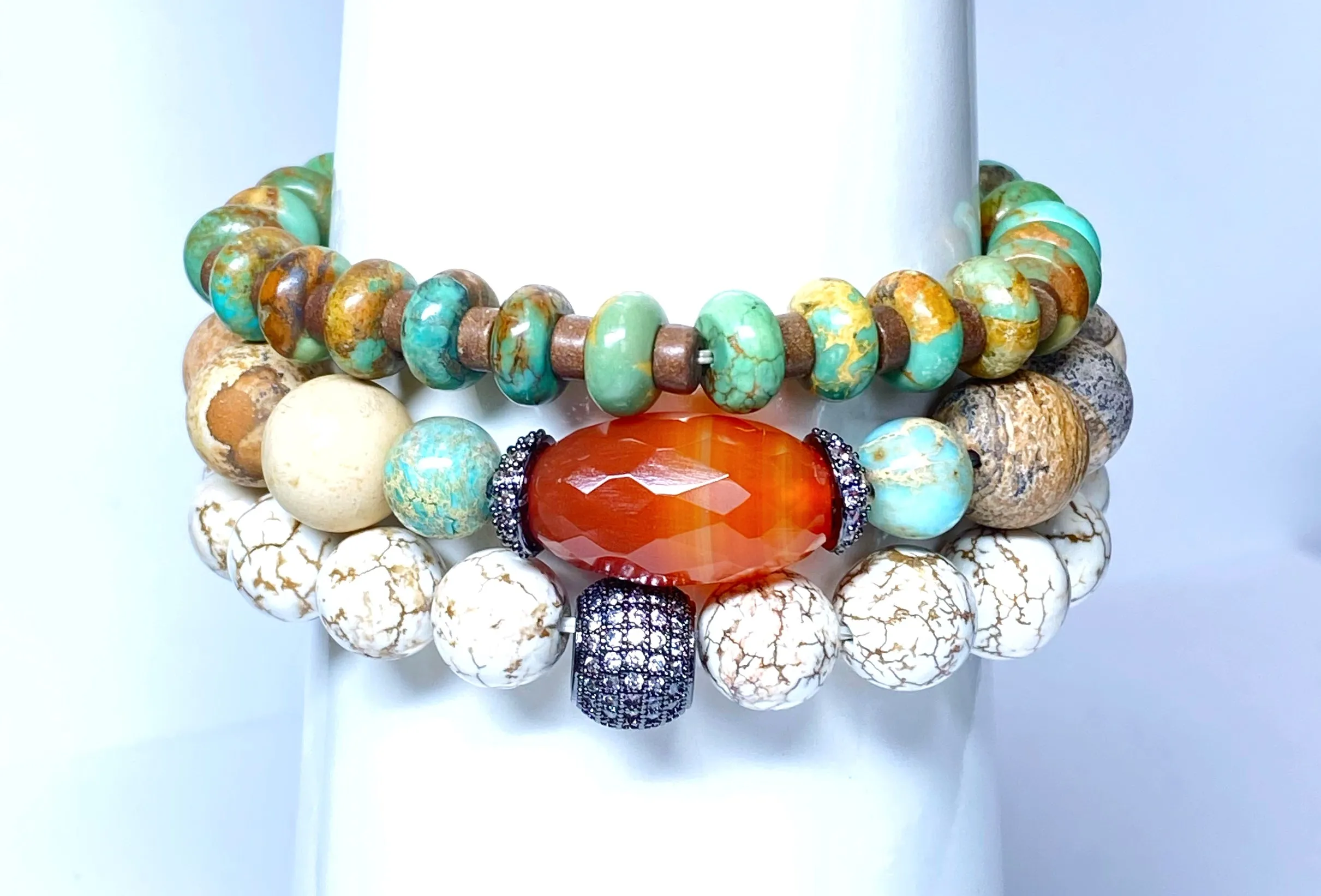 Oxidized Silver Pave Stretch Beaded Bracelets
