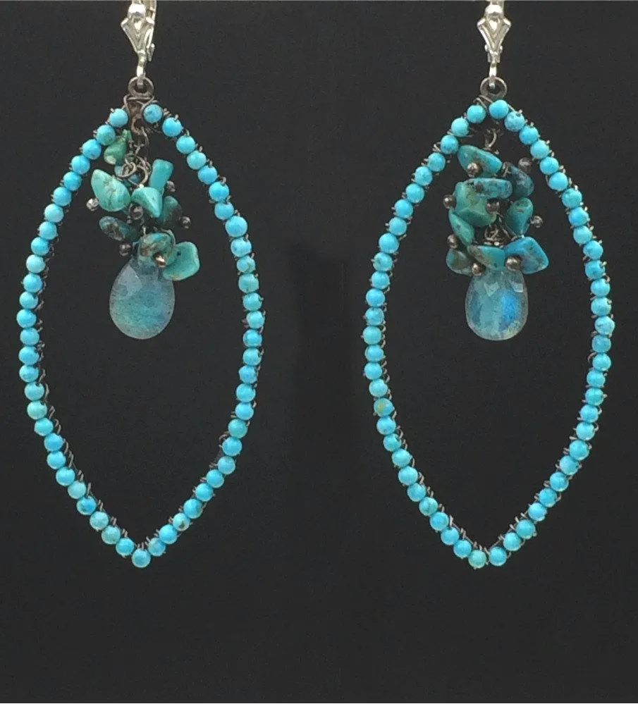 Oxidized Silver Turquoise Beaded Hoop Earrings