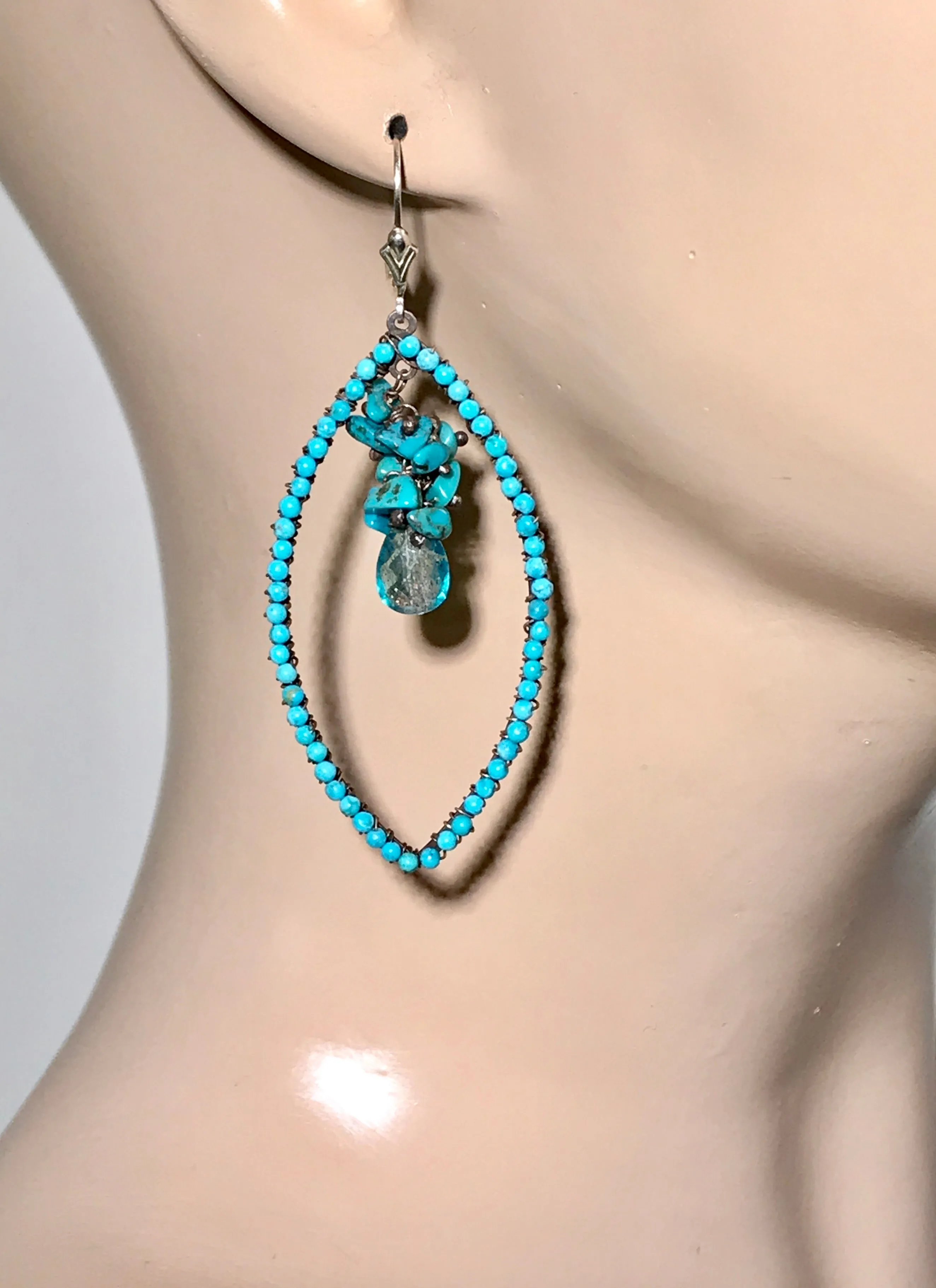 Oxidized Silver Turquoise Beaded Hoop Earrings