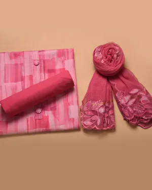 Pink Cotton Glazed Printed Unstitched Suit Fabric Set With Kota Embroidered Dupatta