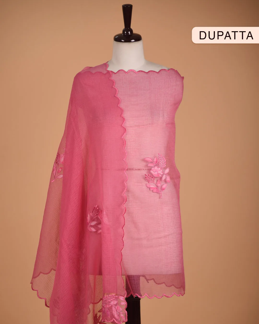 Pink Cotton Glazed Printed Unstitched Suit Fabric Set With Kota Embroidered Dupatta