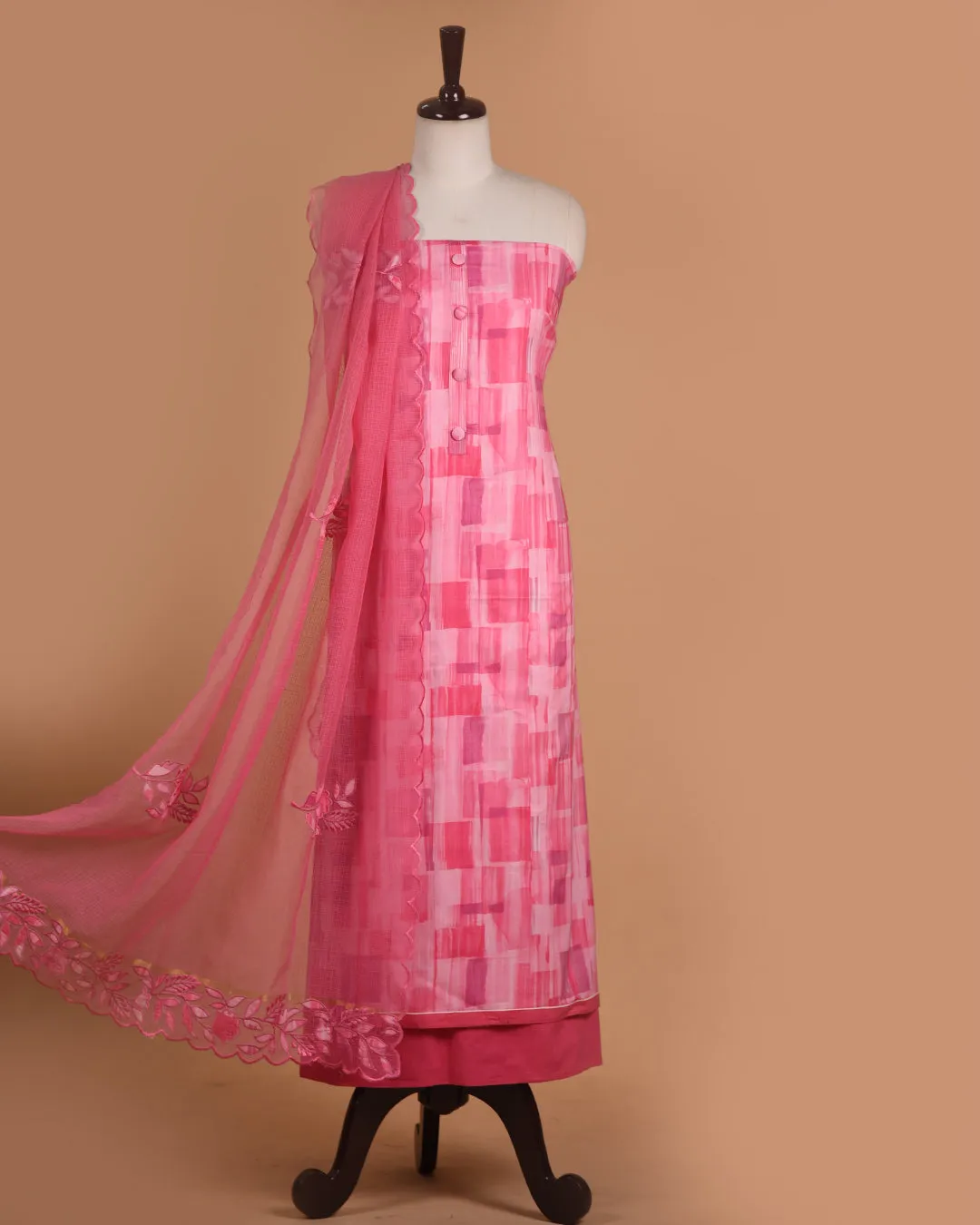 Pink Cotton Glazed Printed Unstitched Suit Fabric Set With Kota Embroidered Dupatta