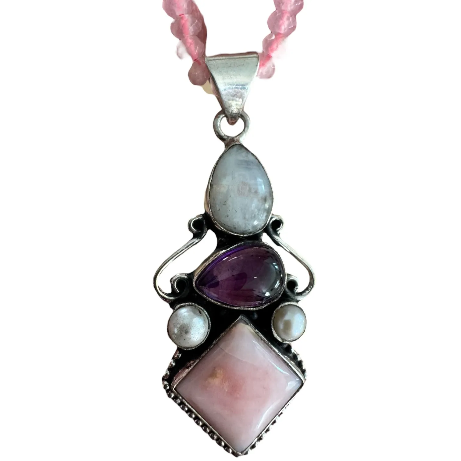 Pink Opal Moonstone Amethyst Pearl Solid 925 Sterling Silver Pendant Necklace