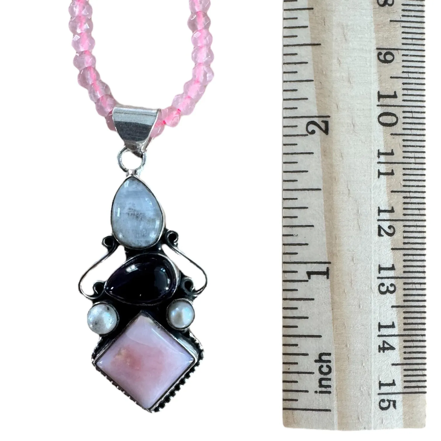 Pink Opal Moonstone Amethyst Pearl Solid 925 Sterling Silver Pendant Necklace