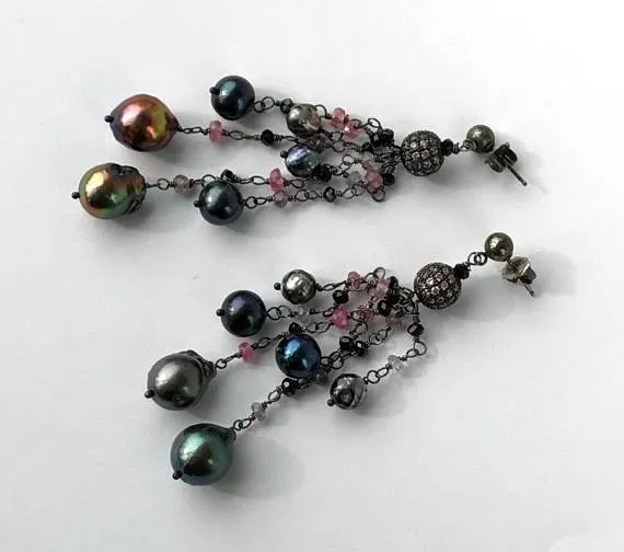 Pink Spinel Pearl Tassel Earrings