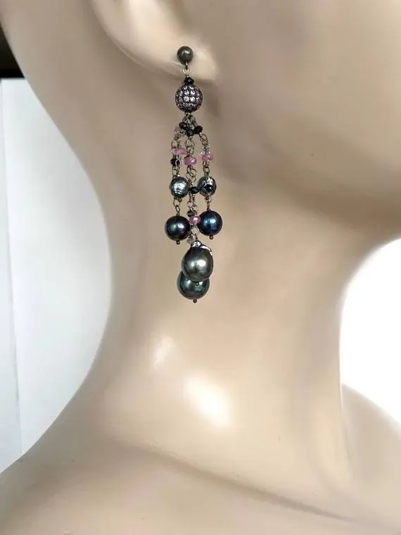 Pink Spinel Pearl Tassel Earrings