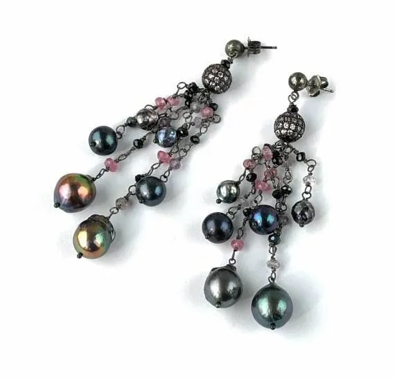 Pink Spinel Pearl Tassel Earrings