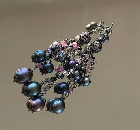 Pink Spinel Pearl Tassel Earrings
