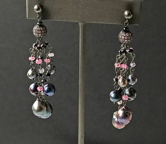 Pink Spinel Pearl Tassel Earrings