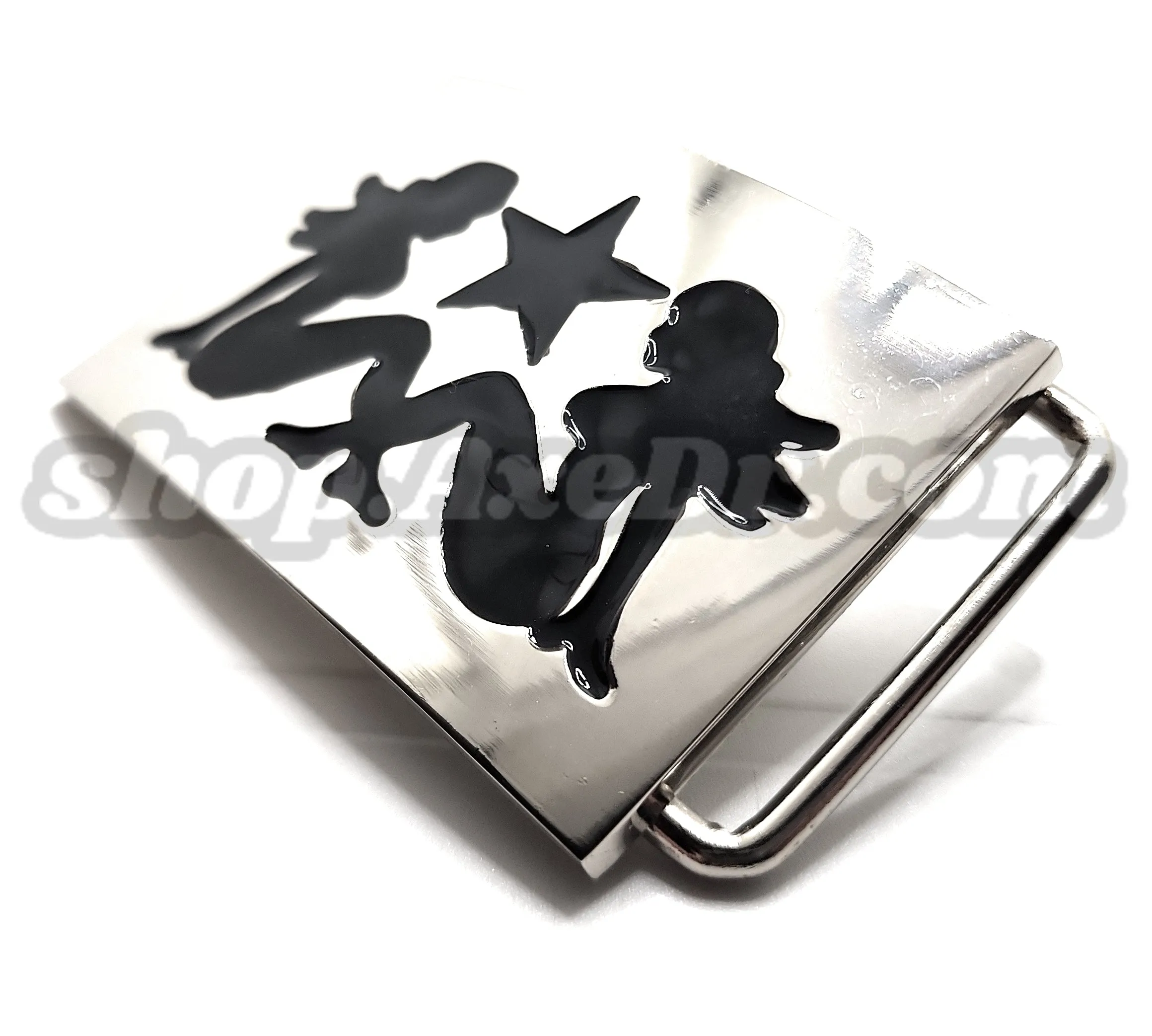 Polished Chrome Mudflap Trucker Girls and Star Belt Buckle