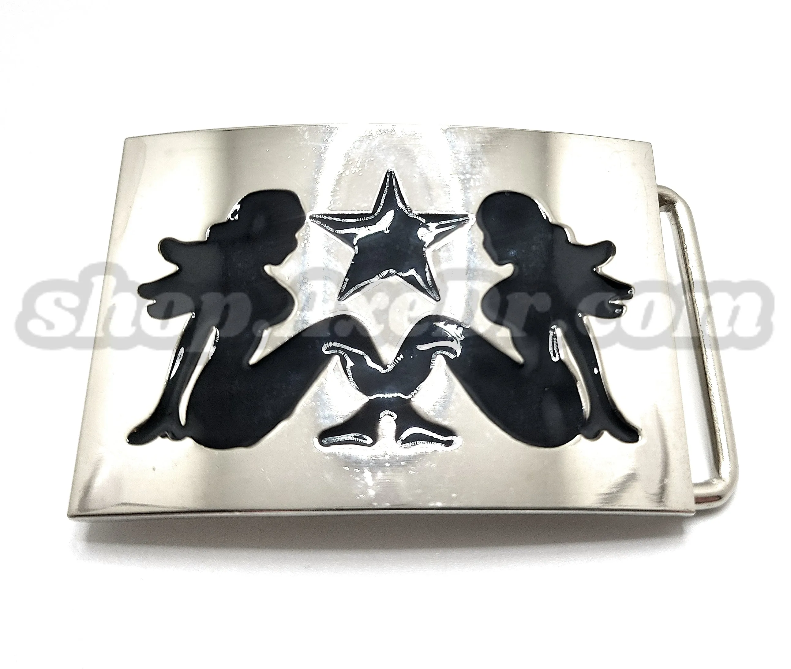 Polished Chrome Mudflap Trucker Girls and Star Belt Buckle