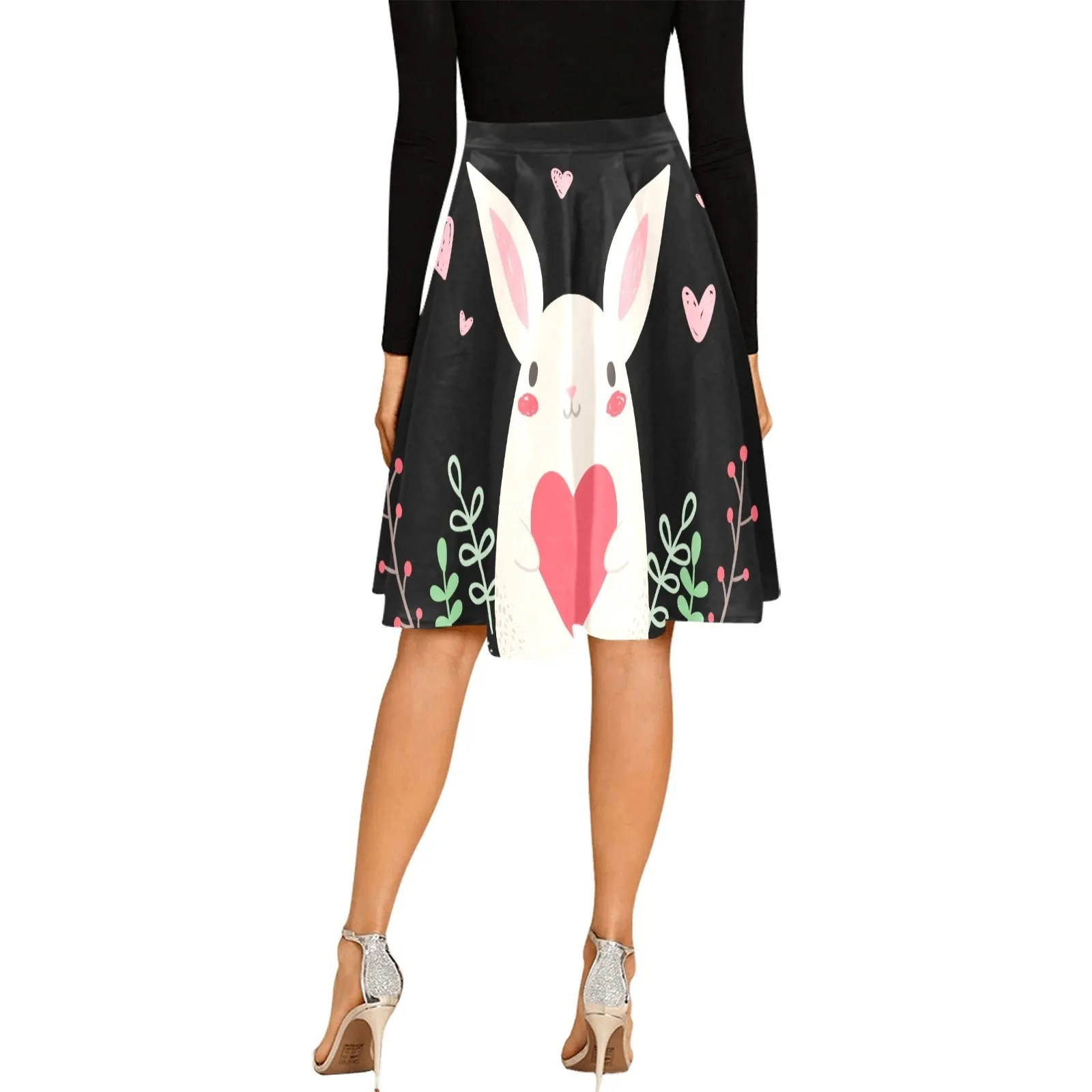 Printed Bunny with Hearts Pleated Midi Skirt