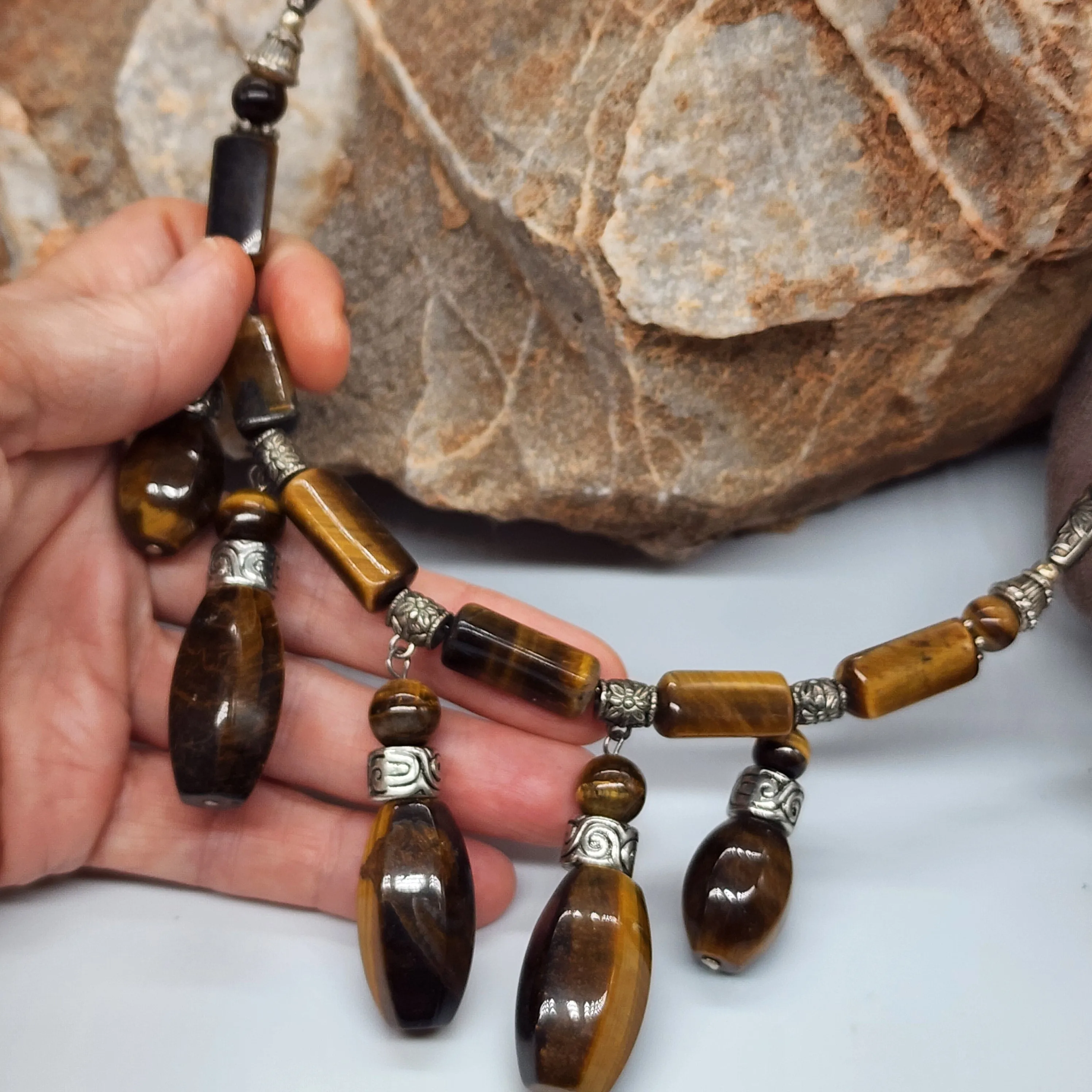 Prosperity / Designer Celestial Jewelry Silver Tiger Eye Necklace Large chunky massive Necklace Beaded Necklace