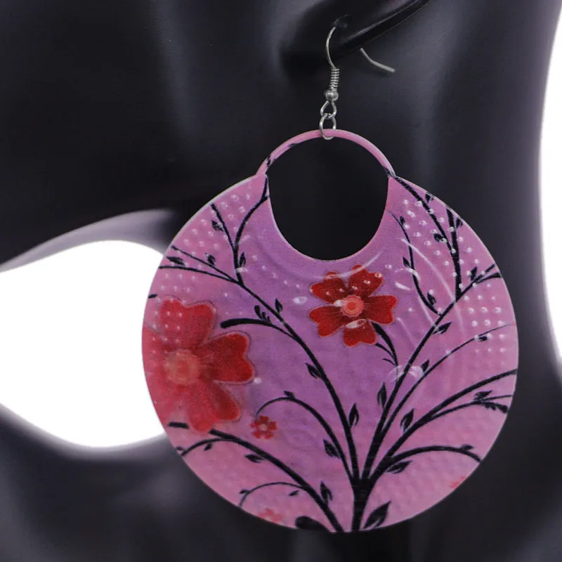 Purple Large Floral Pattern Metal Earrings