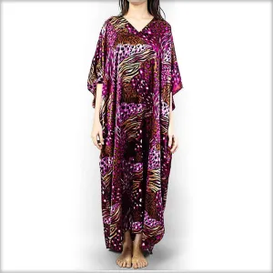 Purple Printed Satin V-Neck Kaftan