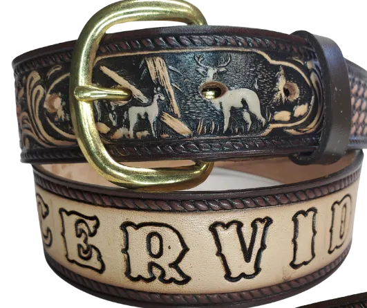 "Stag,Doe,Fawn" Name Leather Belt   "Quick Ship"