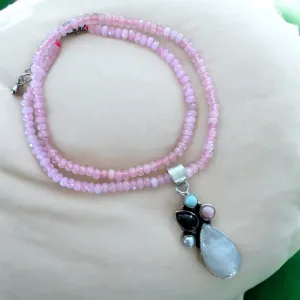 Rainbow Moonstone, Larimar, Pink Opal, Amethyst Pearl Solid 925 Sterling Silver Pendant Necklace
