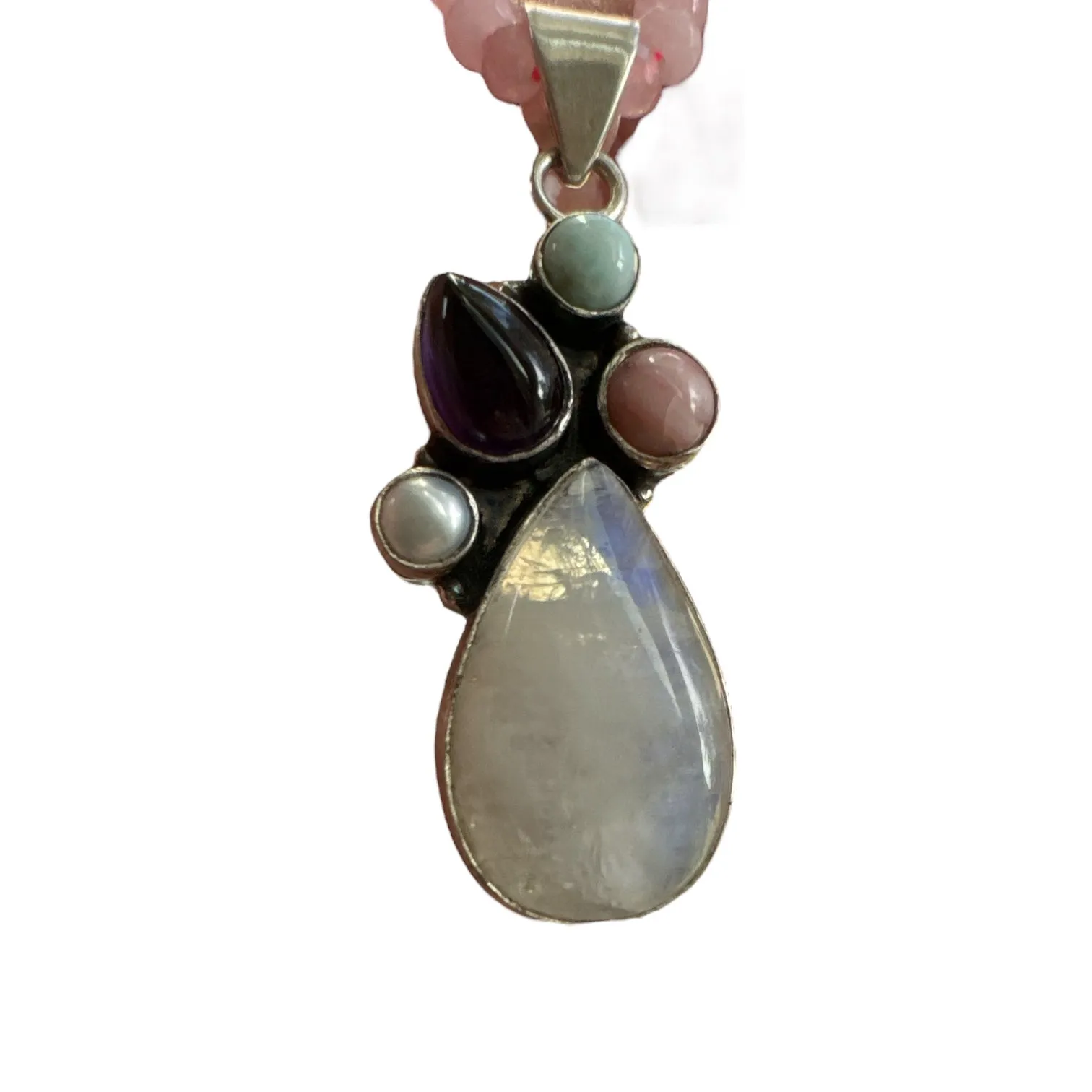 Rainbow Moonstone, Larimar, Pink Opal, Amethyst Pearl Solid 925 Sterling Silver Pendant Necklace